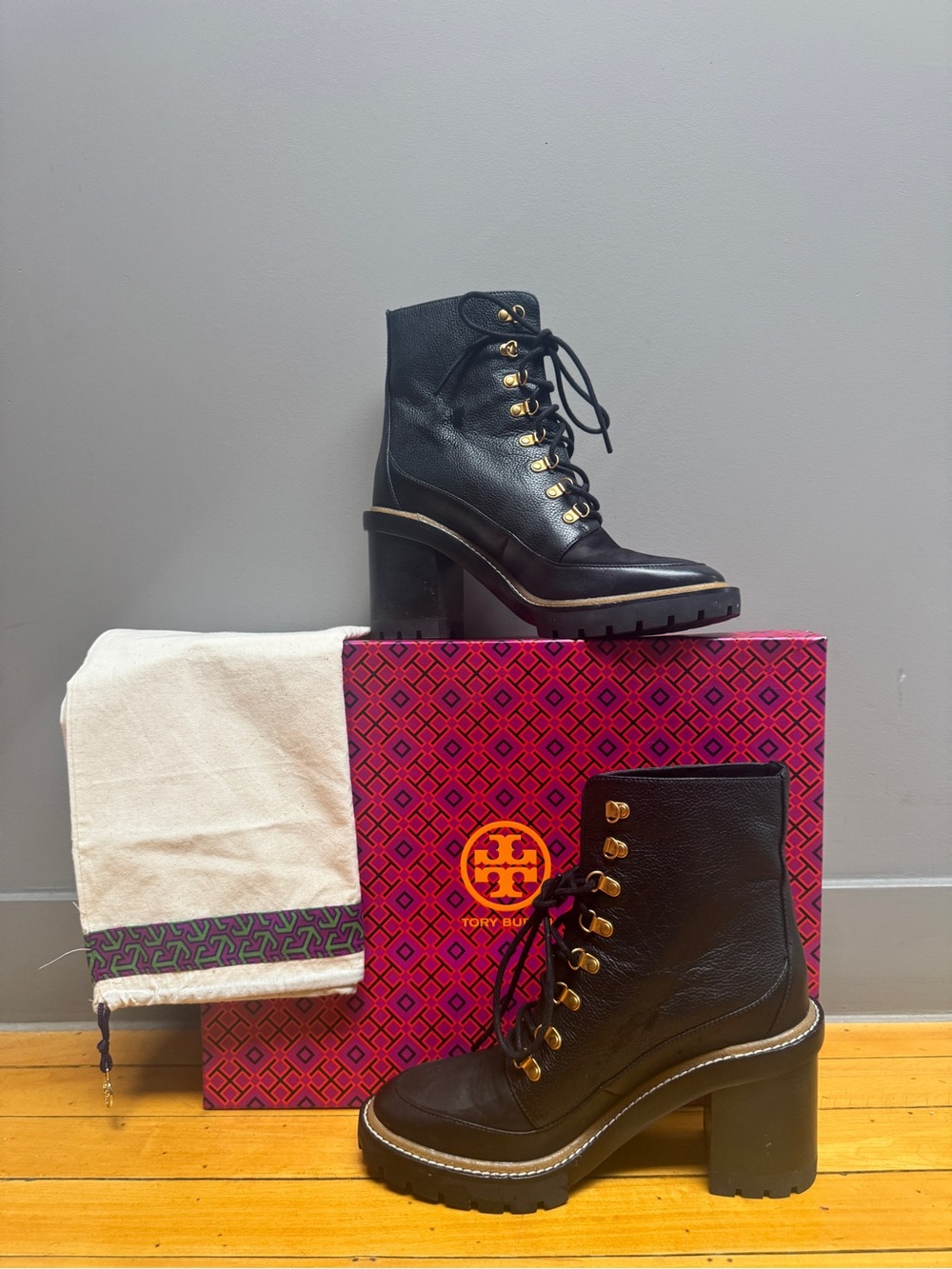 Tory Burch Black Leather Lace-Up Block Heel Boots with Gold Hardware